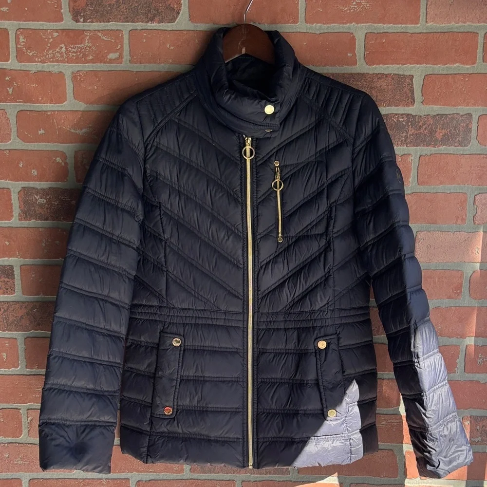 Michael Kors Navy Blue Puffer Jacket with Gold Accents